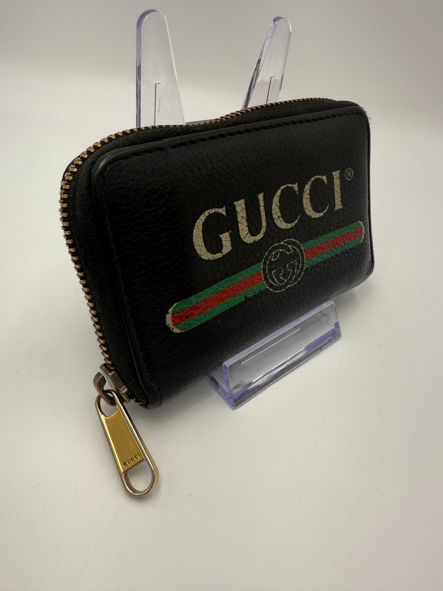 Gucci Black Leather Vintage Logo Sherry Compact Zippy Wallet