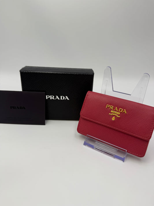 Prada Fuschia Pink Saffiano Leather Compact Card Holder Full Set