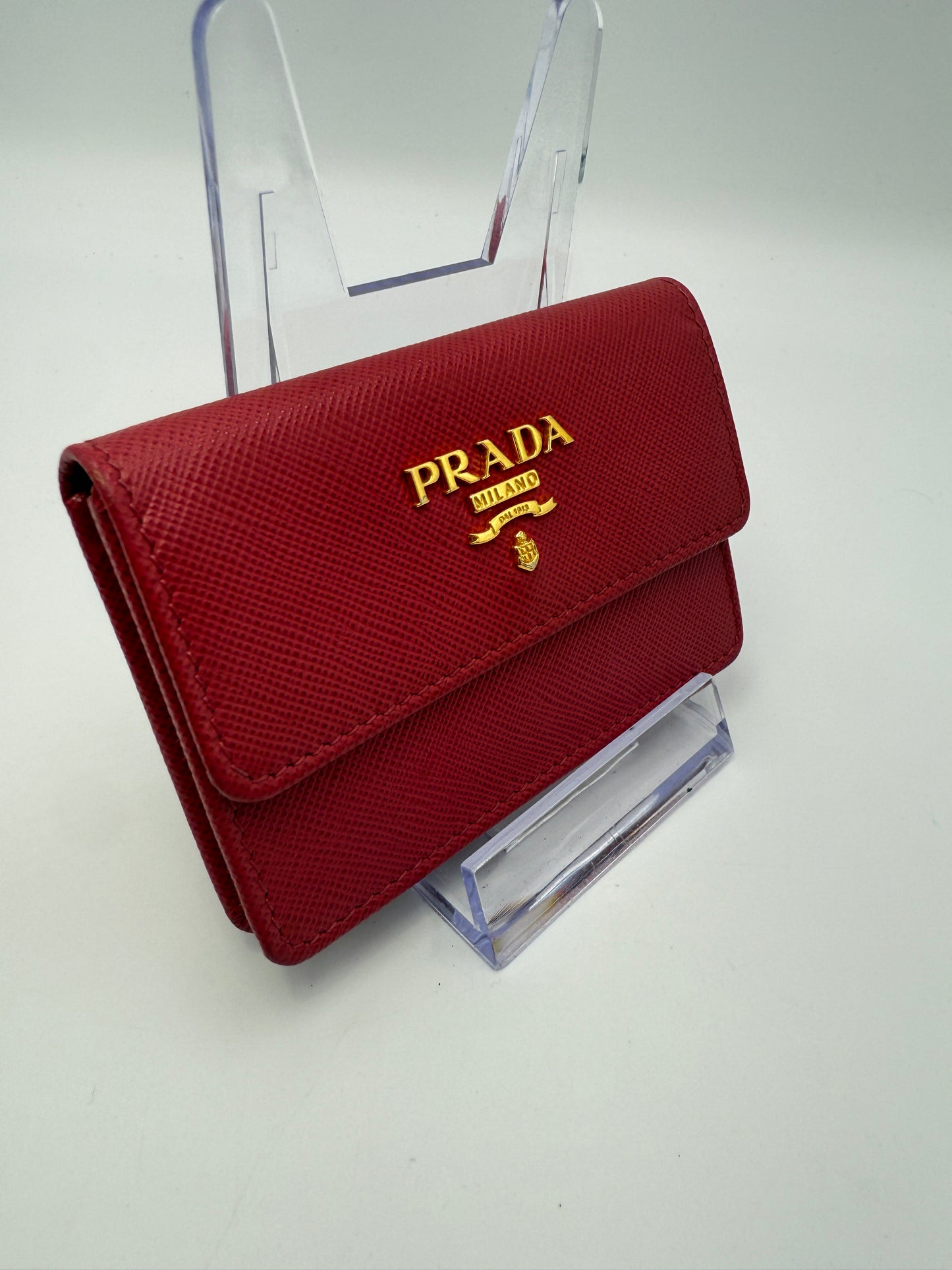 Prada Fuschia Pink Saffiano Leather Compact Card Holder Full Set