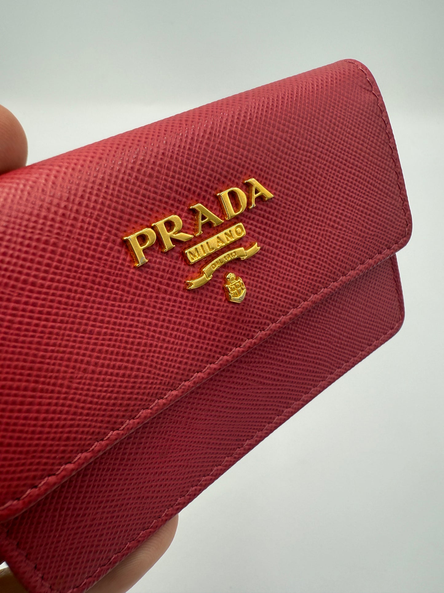 Prada Fuschia Pink Saffiano Leather Compact Card Holder Full Set
