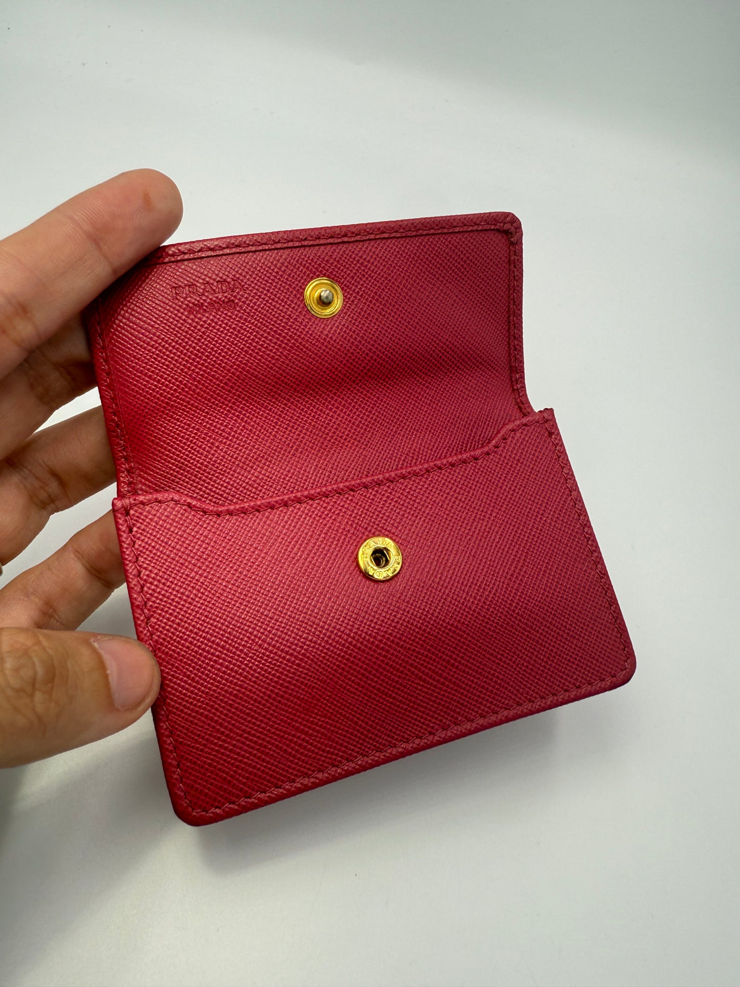 Prada Fuschia Pink Saffiano Leather Compact Card Holder Full Set