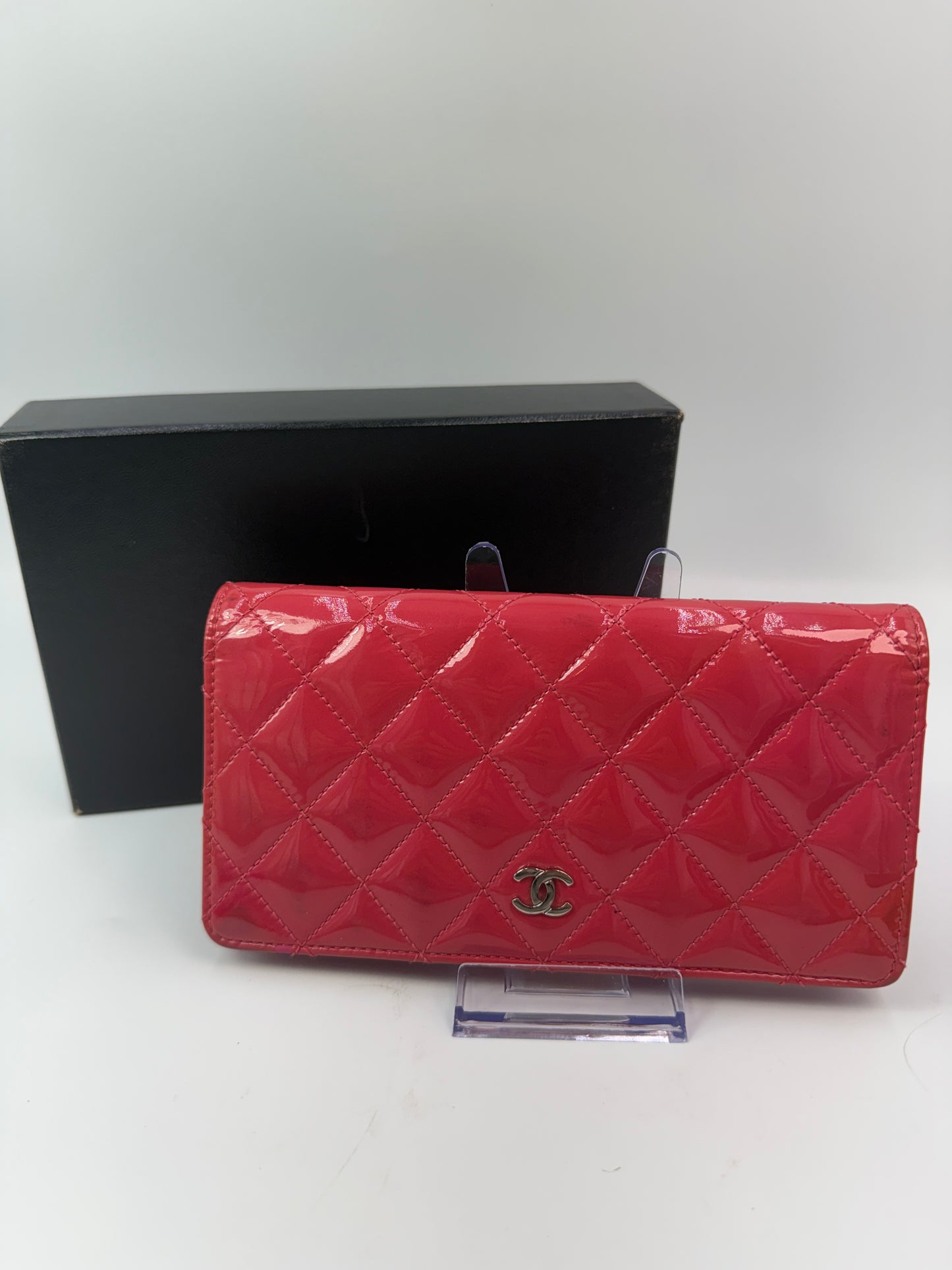 Chanel Fuschia Pink Quilted Patent Leather Long Bifold Wallet with Box