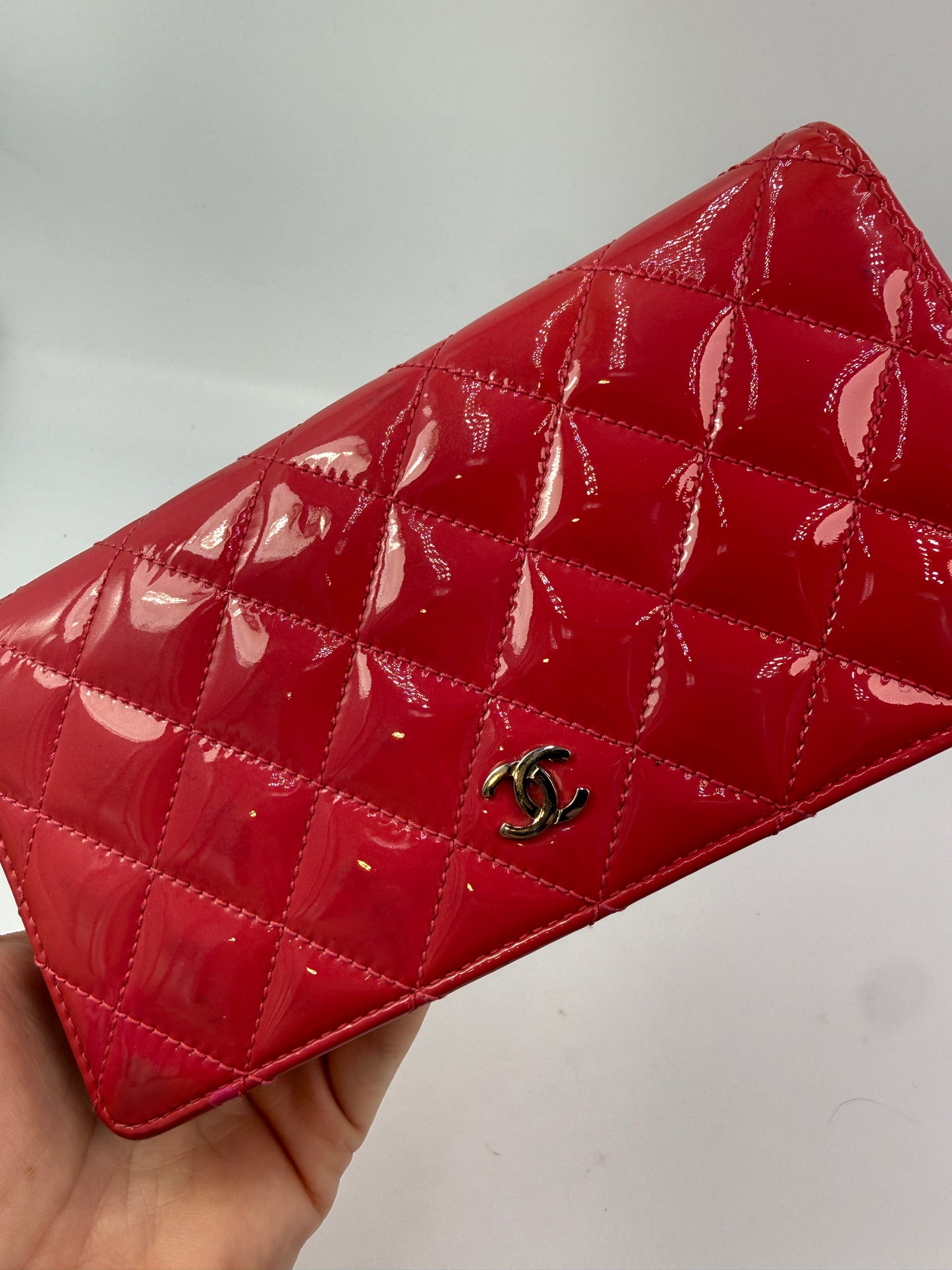 Chanel Fuschia Pink Quilted Patent Leather Long Bifold Wallet with Box