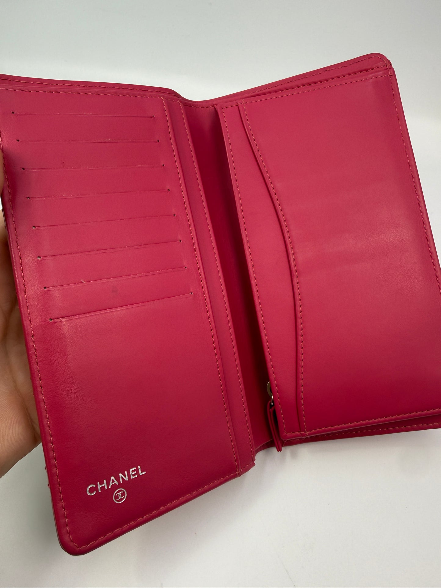Chanel Fuschia Pink Quilted Patent Leather Long Bifold Wallet with Box