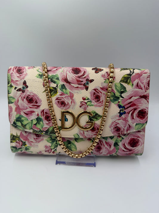 Dolce and Gabbana Dauphine Rose Print Wallet on Chain