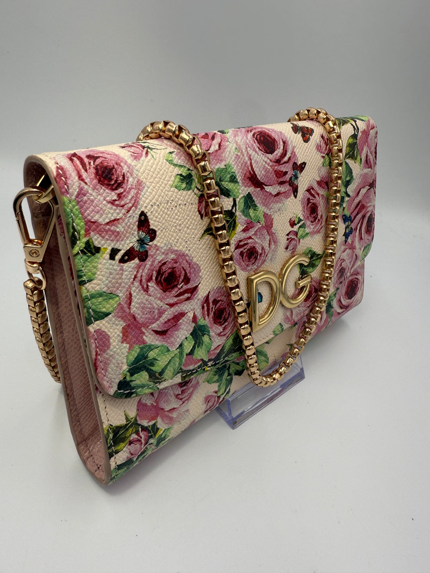 Dolce and Gabbana Dauphine Rose Print Wallet on Chain