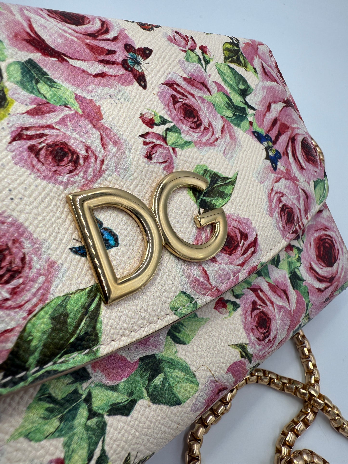 Dolce and Gabbana Dauphine Rose Print Wallet on Chain