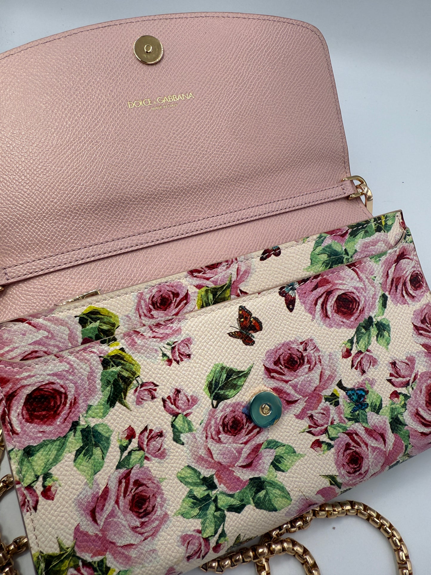 Dolce and Gabbana Dauphine Rose Print Wallet on Chain