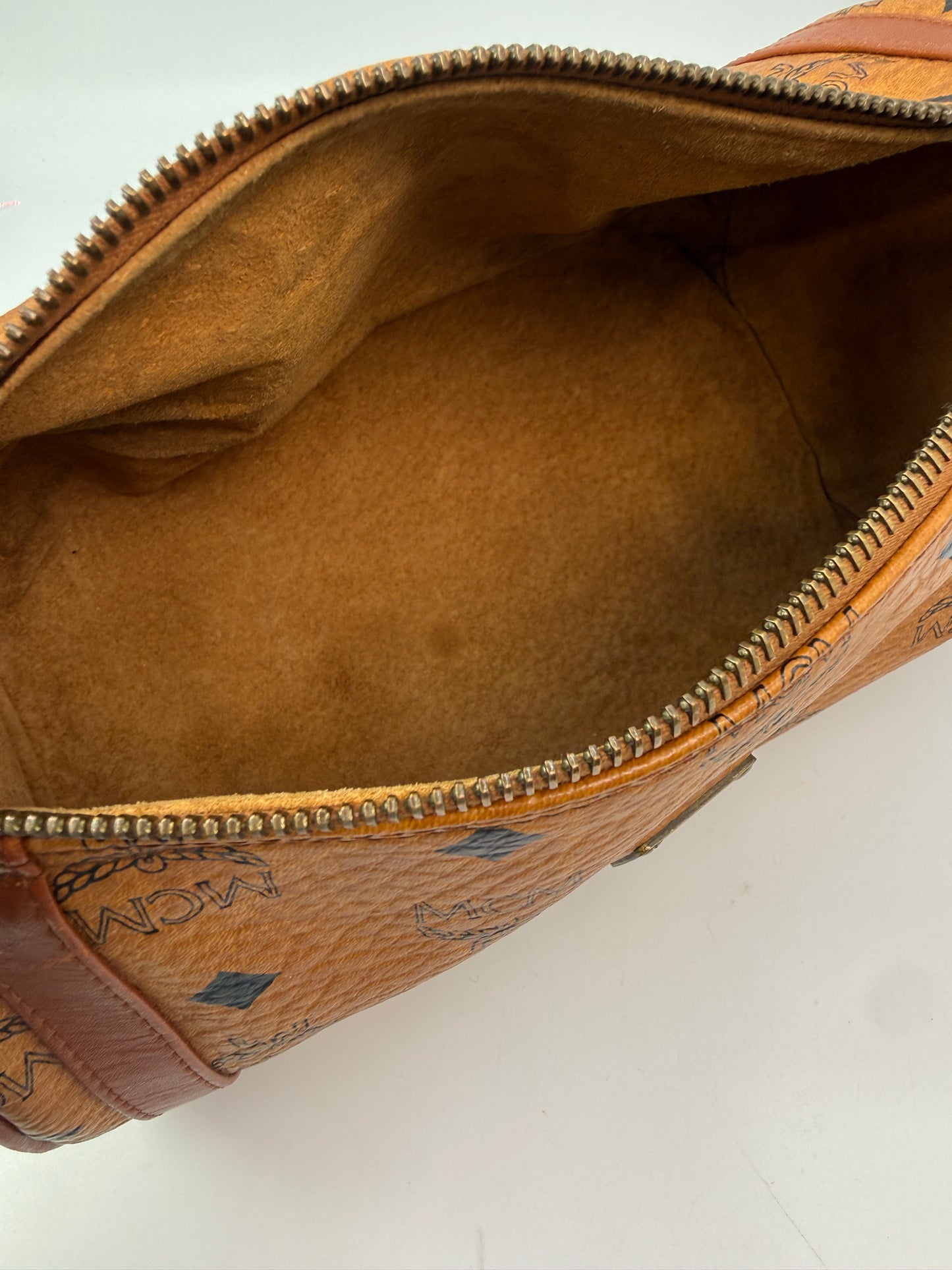 MCM Cognac Visetos Coated Canvas Barrel Crossbody