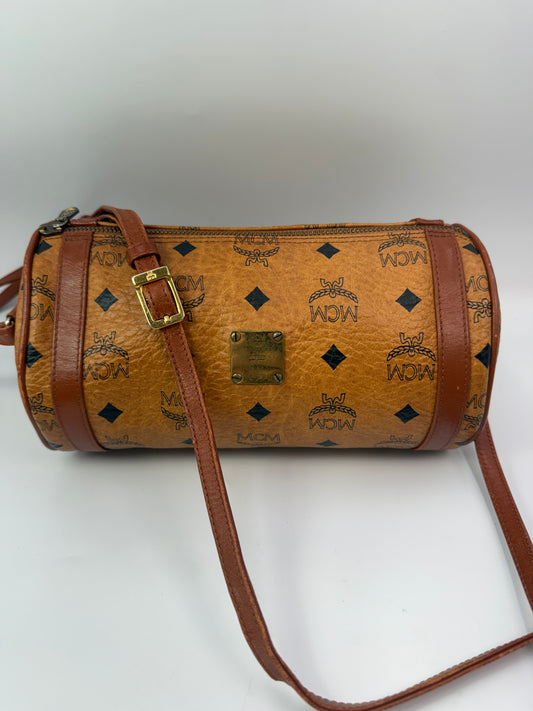 MCM Cognac Visetos Coated Canvas Barrel Crossbody