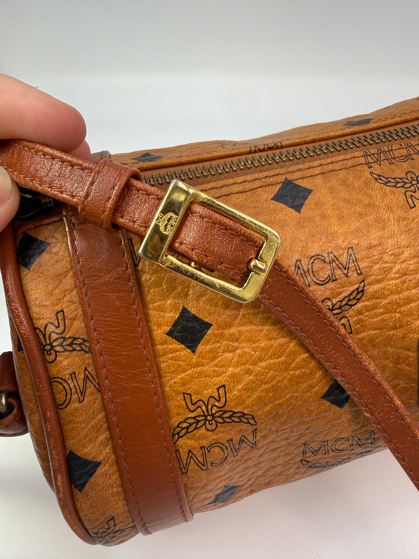 MCM Cognac Visetos Coated Canvas Barrel Crossbody