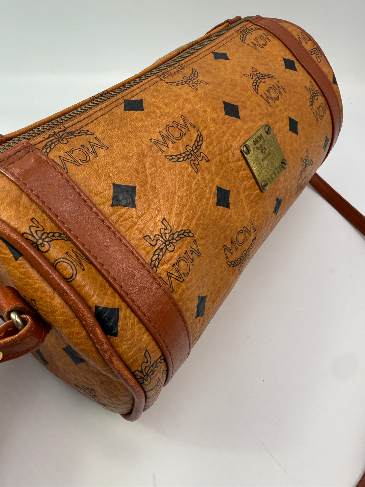 MCM Cognac Visetos Coated Canvas Barrel Crossbody