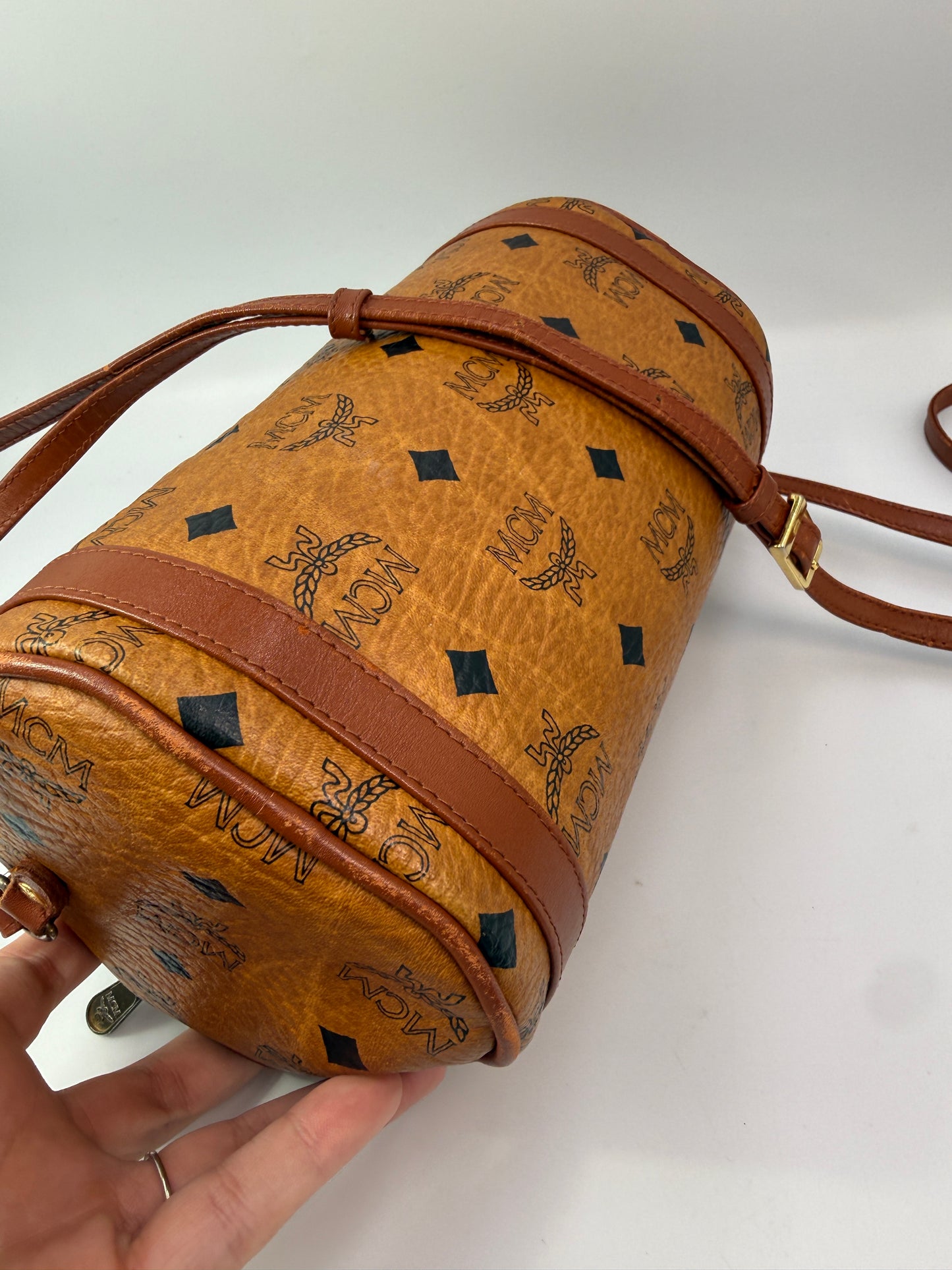 MCM Cognac Visetos Coated Canvas Barrel Crossbody
