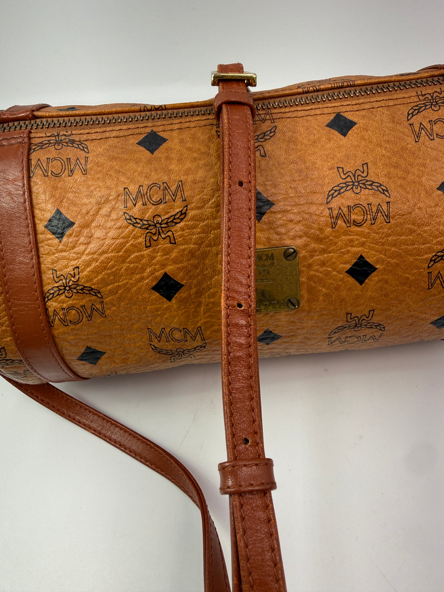 MCM Cognac Visetos Coated Canvas Barrel Crossbody