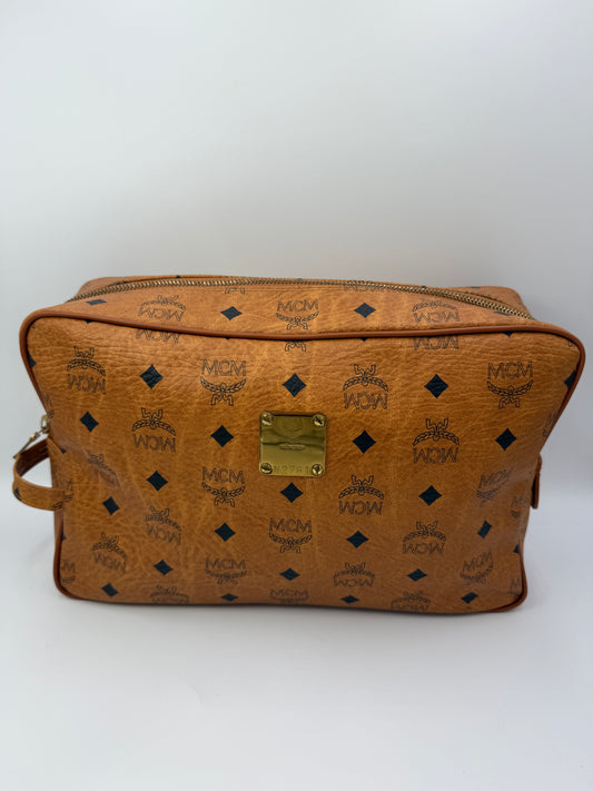 MCM Cognac Visetos Coated Canvas Toiletry Bag 30 cm