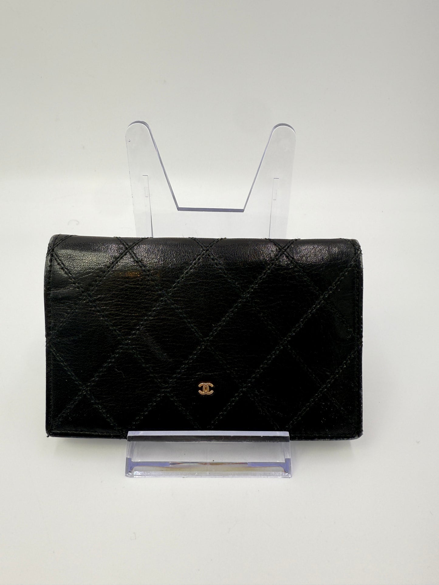Chanel Black Diamond Stitch Leather Bifold Wallet Card Holder
