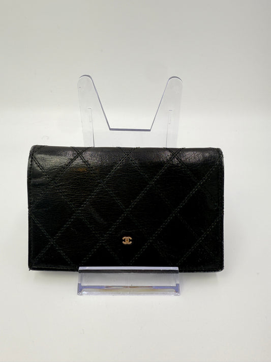Chanel Black Diamond Stitch Leather Bifold Wallet Card Holder
