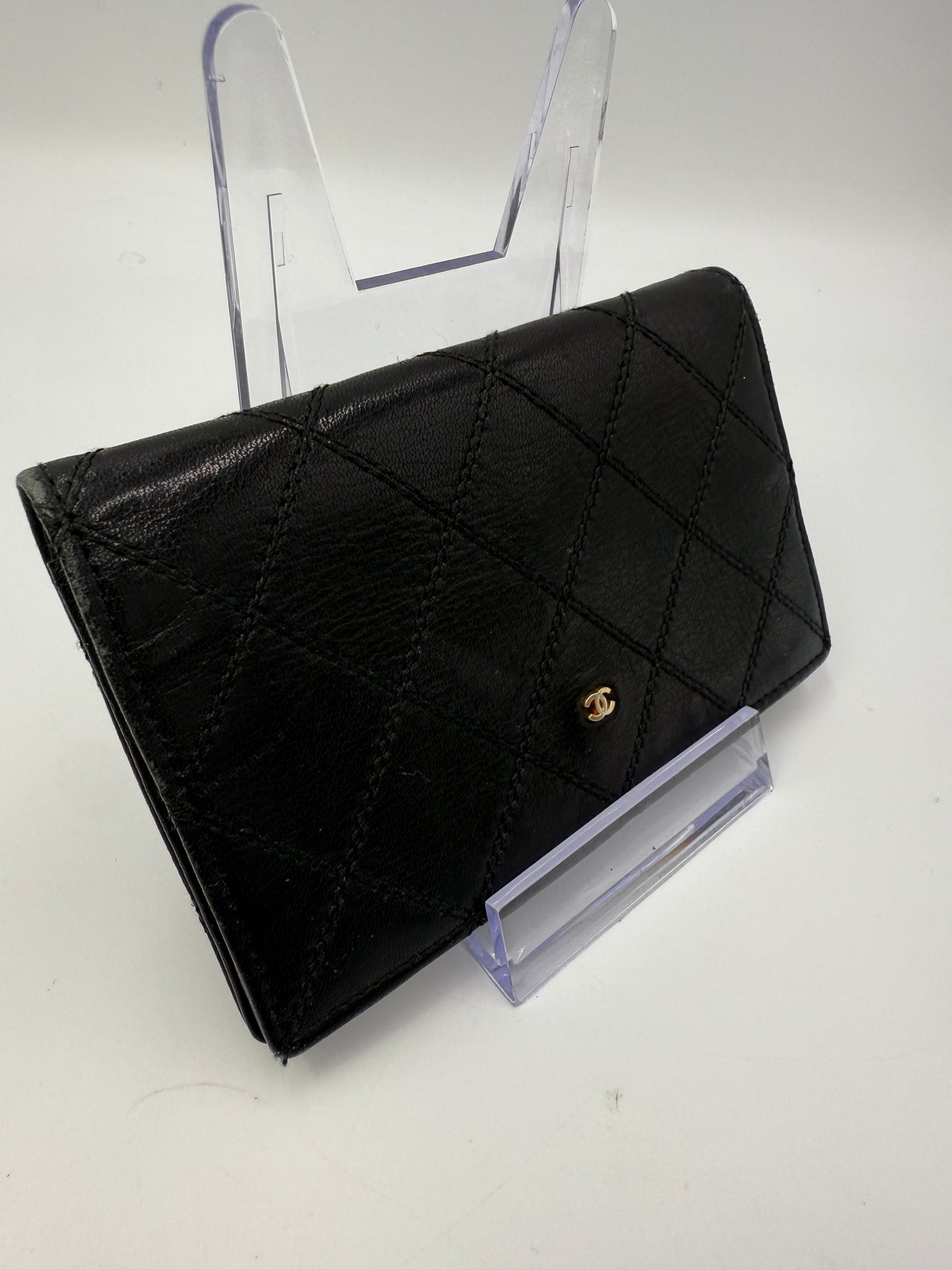 Chanel Black Diamond Stitch Leather Bifold Wallet Card Holder