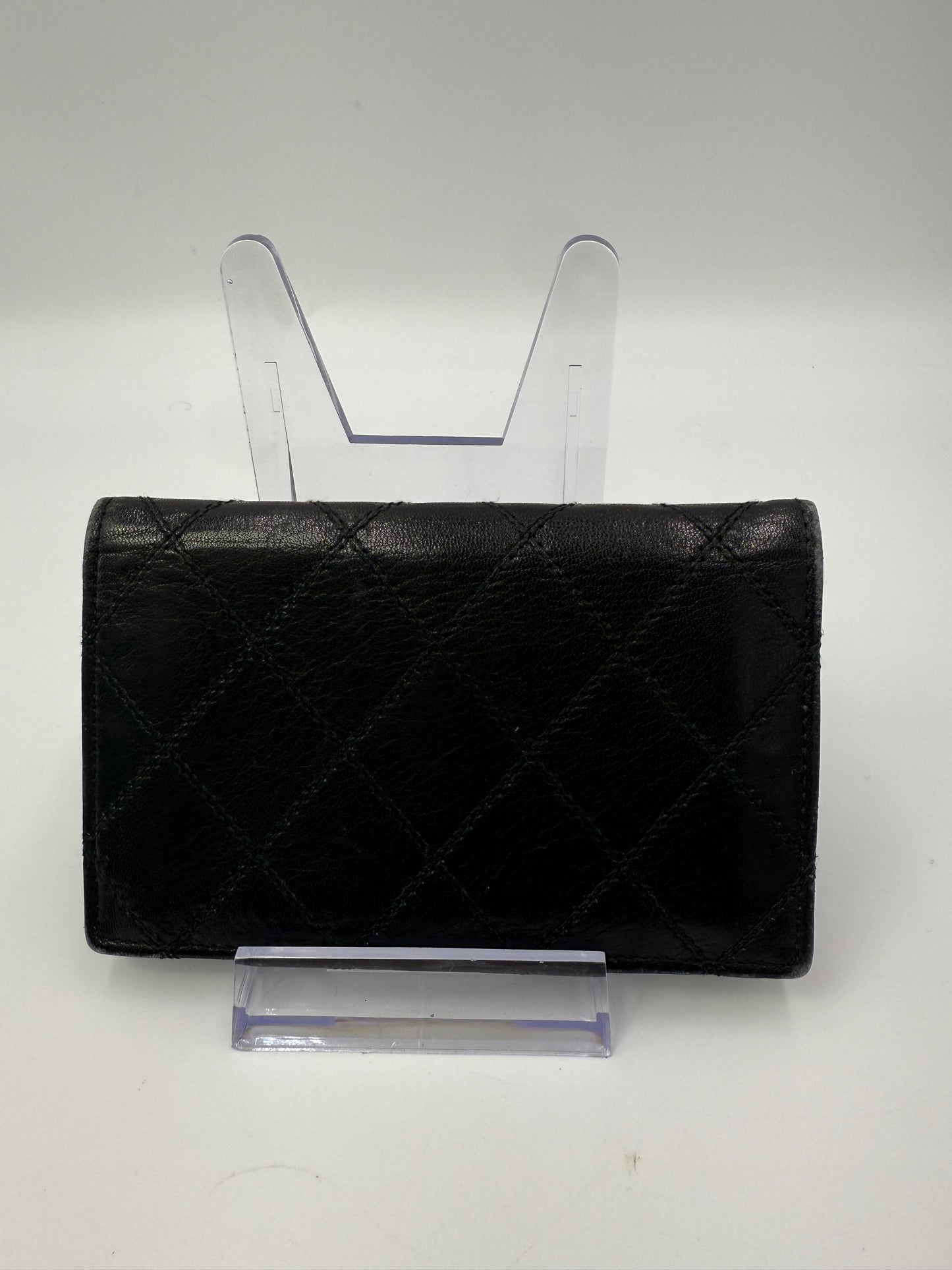Chanel Black Diamond Stitch Leather Bifold Wallet Card Holder