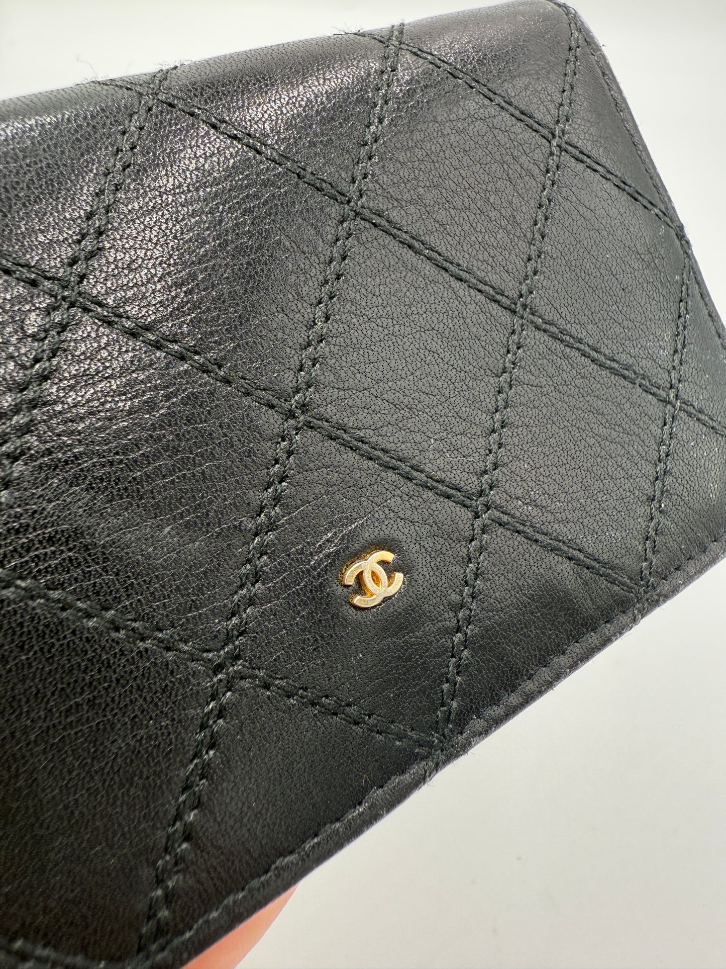 Chanel Black Diamond Stitch Leather Bifold Wallet Card Holder
