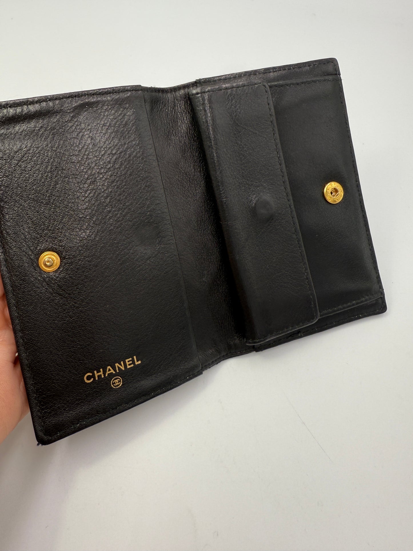 Chanel Black Diamond Stitch Leather Bifold Wallet Card Holder