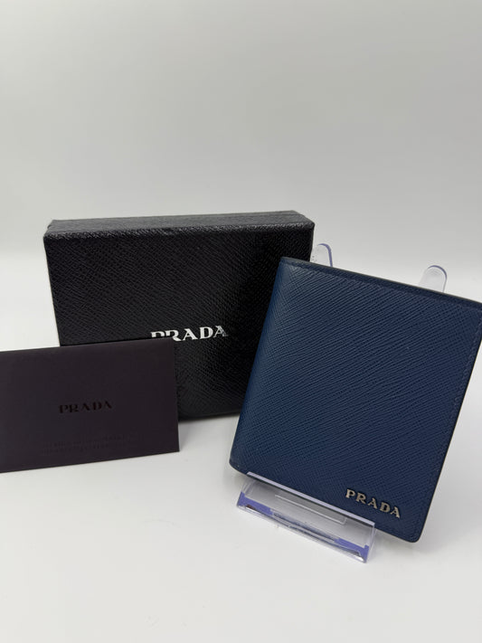 Prada Blue Saffiano Leather Bifold Wallet Orange Interior Full Set