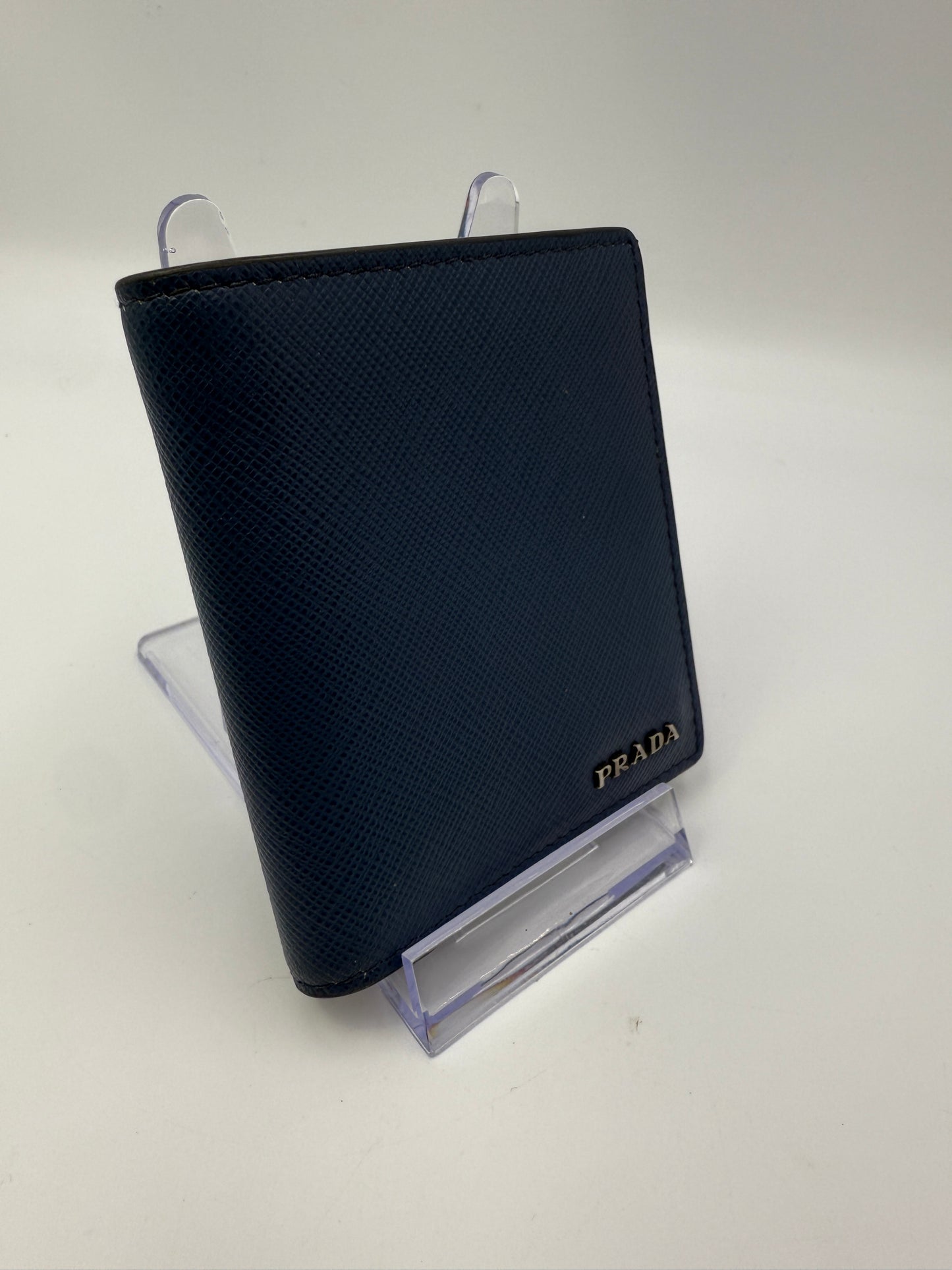 Prada Blue Saffiano Leather Bifold Wallet Orange Interior Full Set