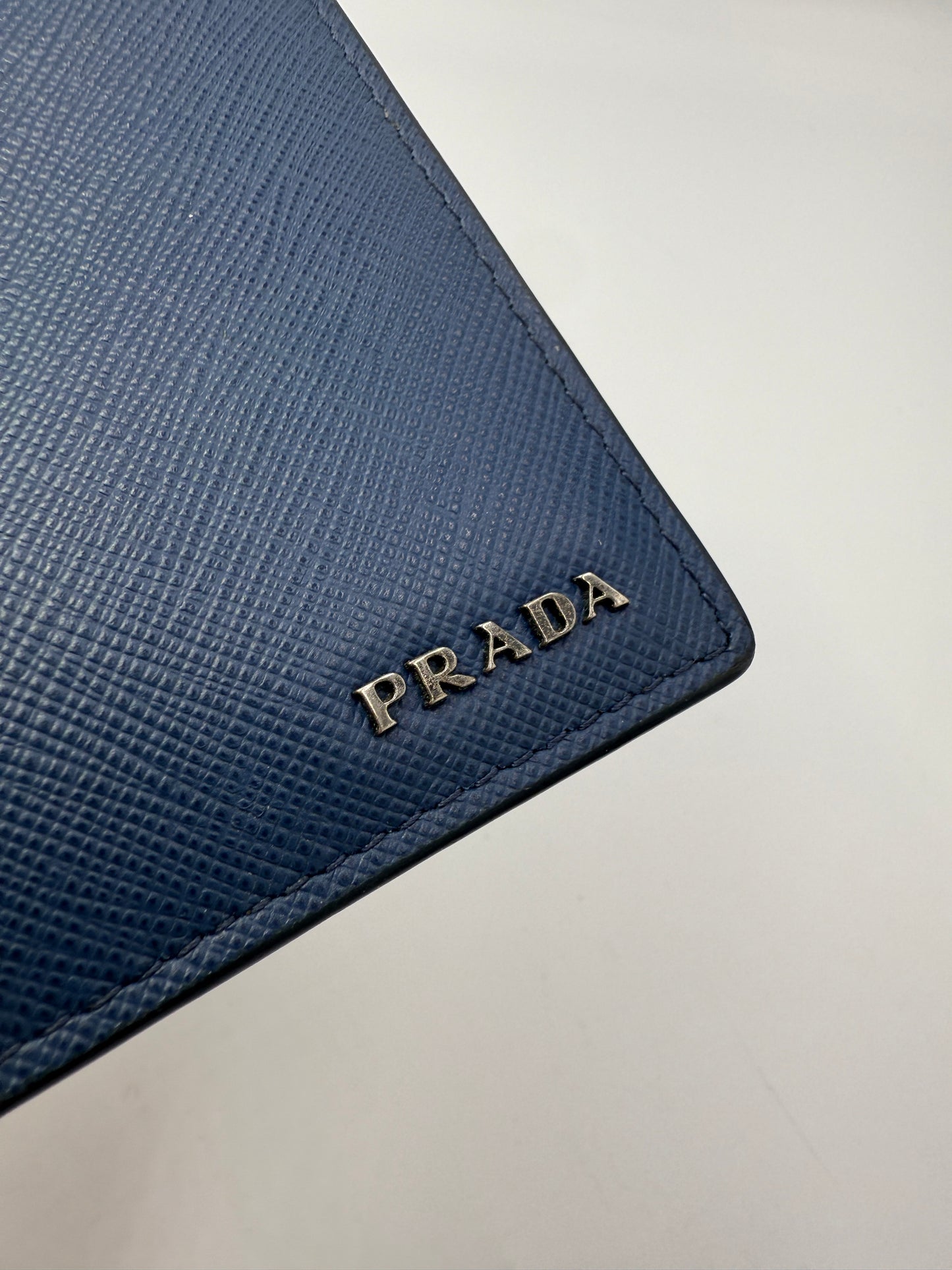 Prada Blue Saffiano Leather Bifold Wallet Orange Interior Full Set