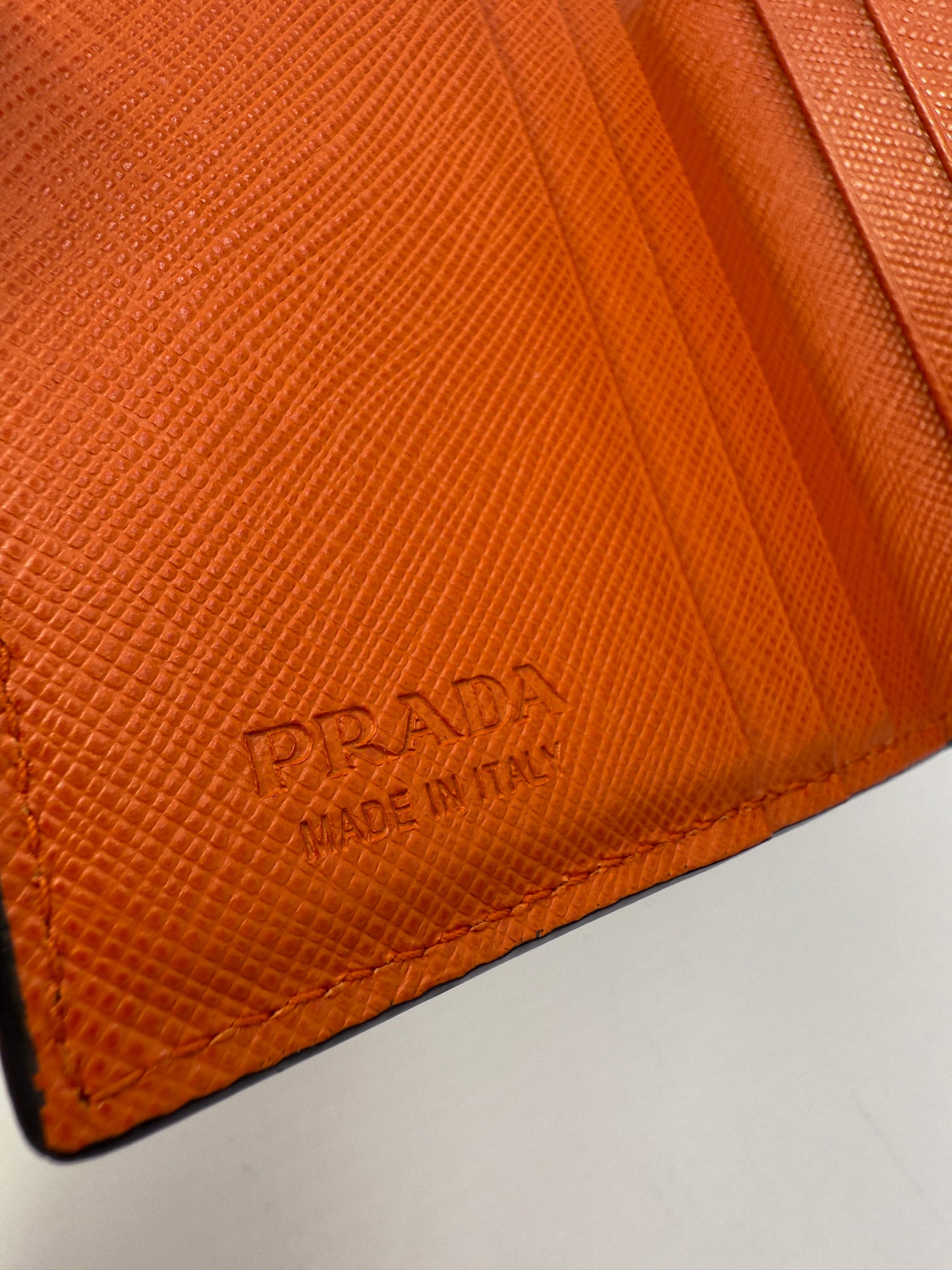 Prada Blue Saffiano Leather Bifold Wallet Orange Interior Full Set