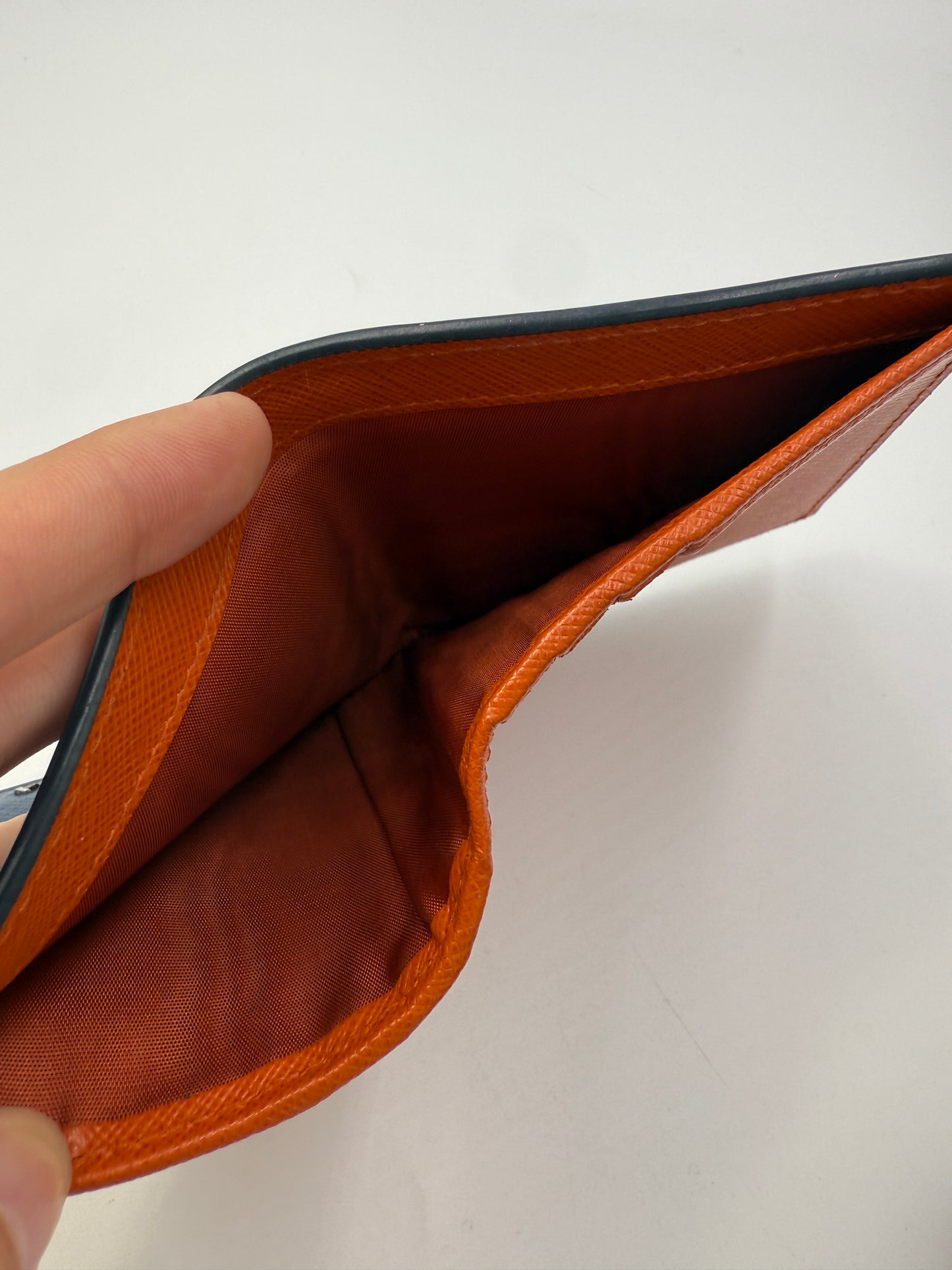 Prada Blue Saffiano Leather Bifold Wallet Orange Interior Full Set