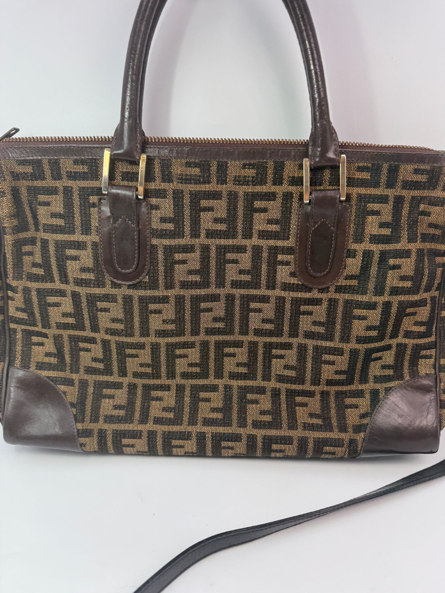 Fendi Zucca Canvas Satchel Shoulder Bag with Black Strap