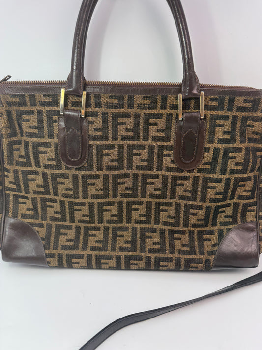 Fendi Zucca Canvas Satchel Shoulder Bag with Black Strap