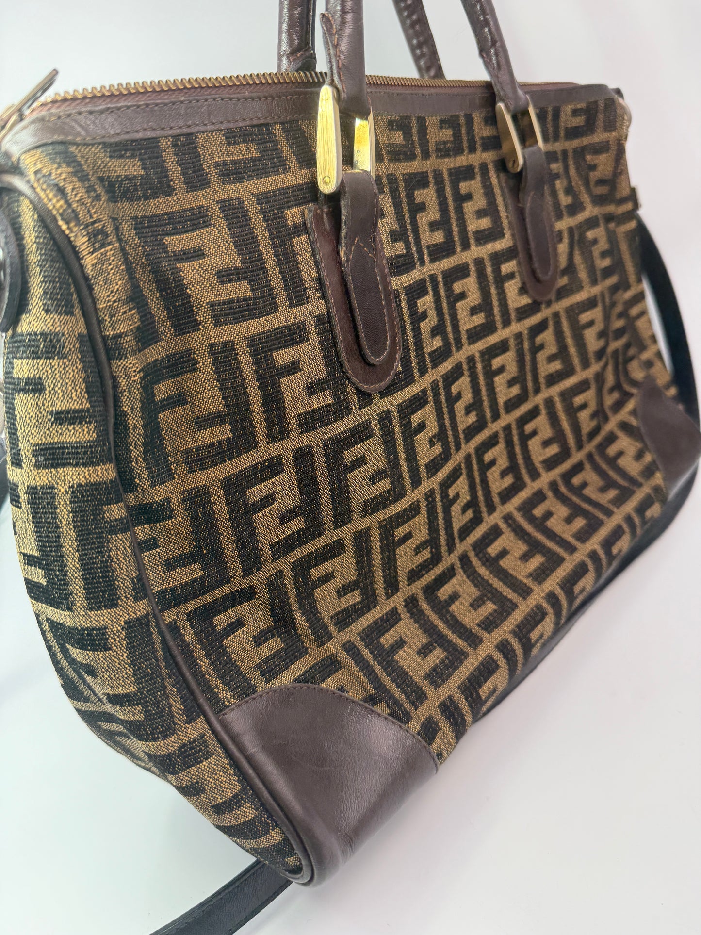 Fendi Zucca Canvas Satchel Shoulder Bag with Black Strap