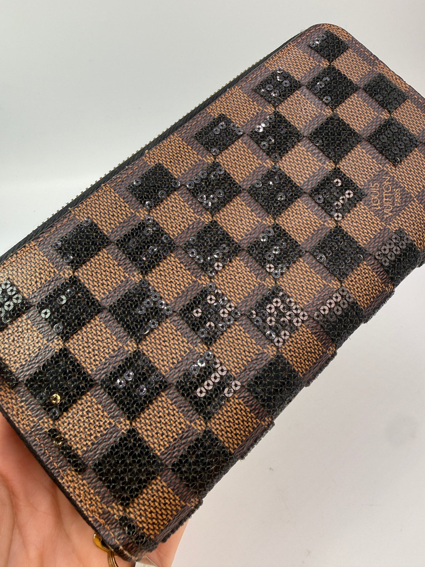 Louis Vuitton Damier Ebene Sequin Zippy Long Wallet Full Set CA1173